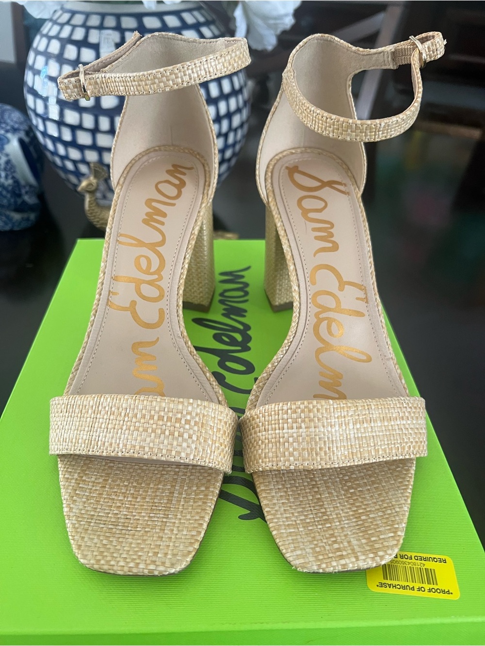 Sam Edelman Beige Woven Ankle-Strap Block Heel Sandals